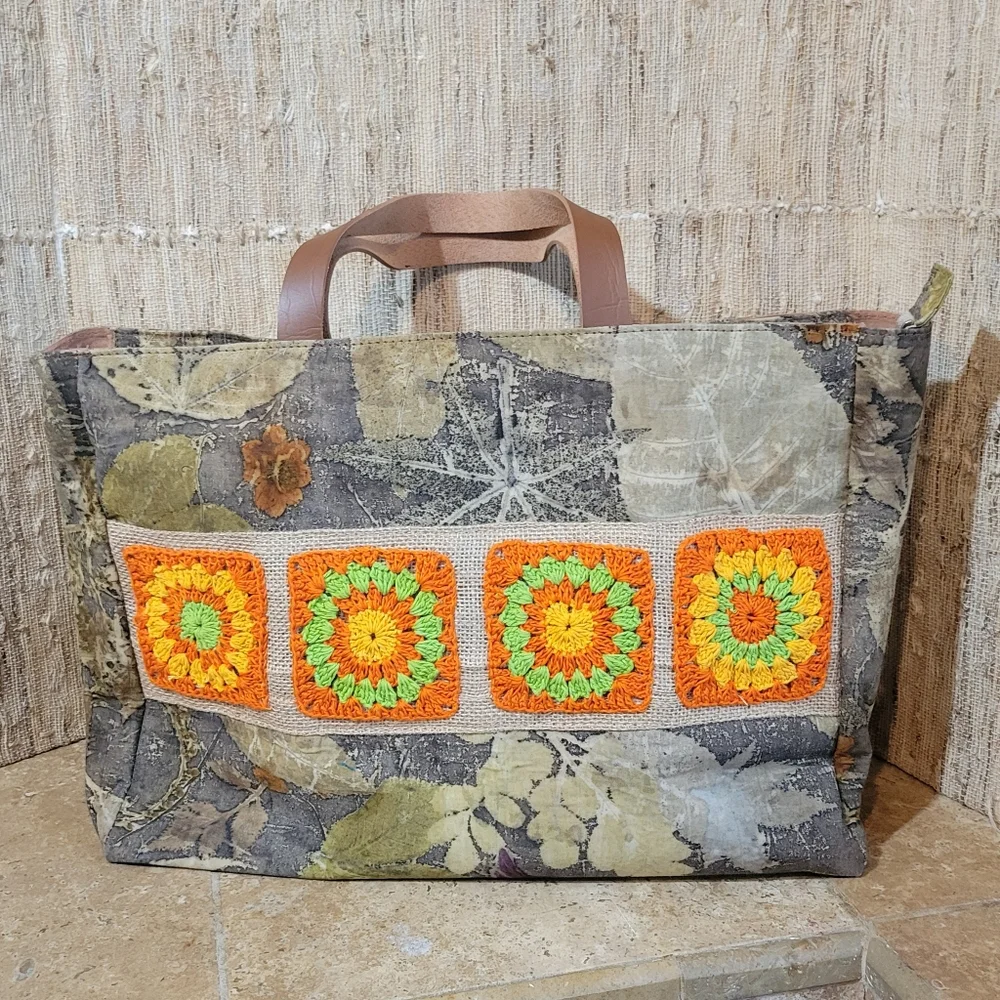 Unbranded Handmade Granny Square Zippered Botanical Tote